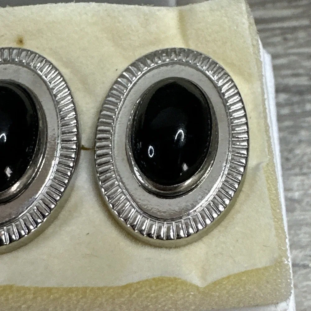 Vtg Estate Silver Tone‎ ANSON Black Lucite Center Stone Oval Dress Cufflinks